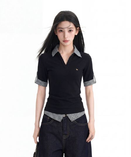 검정색 페이크 레이어드 POLO 셔츠 체크무늬 긍정적 인 어깨 반팔 티셔츠 여성 여름 몸매 가꾸기 타이트 V넥 반소매 중간 소매 맨위