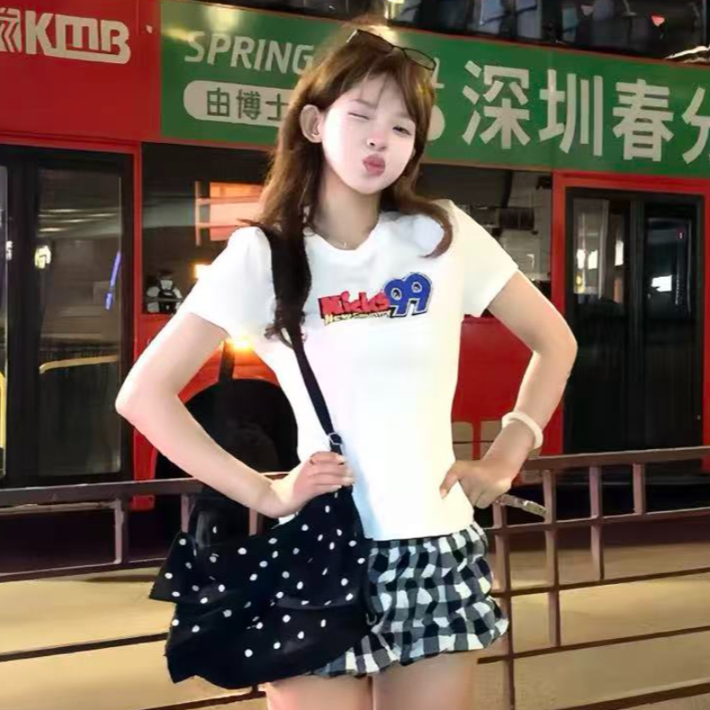 작은 대중 운동 숫자 프린트 몸매 가꾸기 슬림해 보이는 순면 편안함 긍정적 인 어깨 쇼트 스타일 반팔 티셔츠 맨위 여성