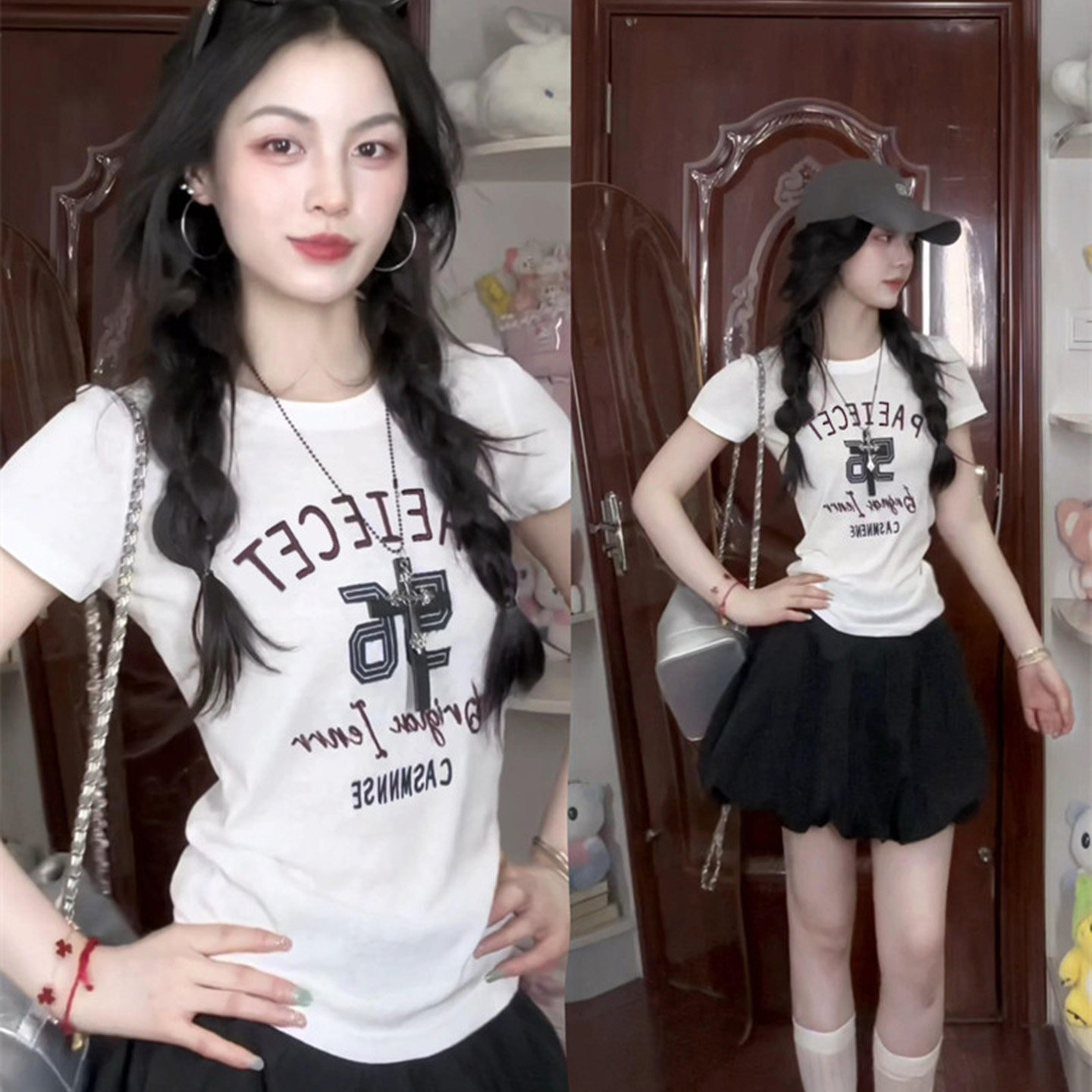 아메리칸 레트로 패치워크 알파벳 숫자 반팔 티셔츠 여성 여름 몸매 가꾸기 슬림해 보이는 디자인 센스 다용도 느긋한 맨위