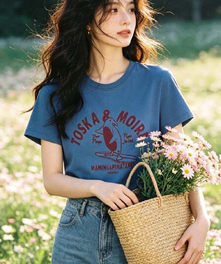 순면 캐주얼 다용도 파란색 프린트 티셔츠 여성 여름 몸매 가꾸기 슬림해 보이는 라운드 넥 긍정적 인 어깨 반팔 맨위