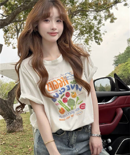 아메리칸 레트로 알파벳 프린트 반팔 티셔츠 여성 여름 화이트 루즈핏 가을 어깨 소매 라운드 넥 순면 빅 사이즈 맨위
