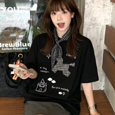 批发韩系格子<b class='q'>动物</b>字母印花短袖<b class='q'>T</b><b class='q'>恤</b>女夏季宽松百搭学生休闲上衣