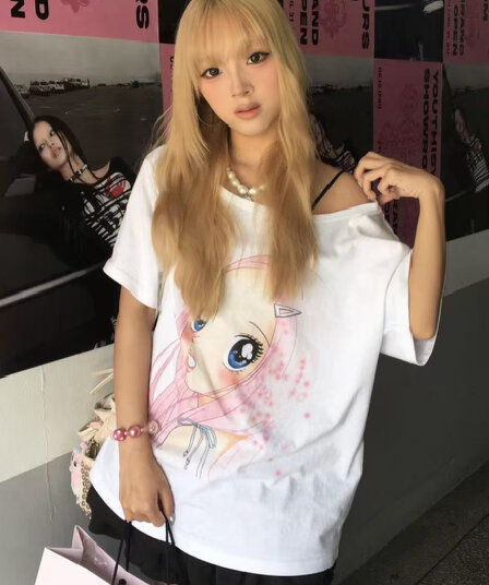 한국 ins 작은 대중 만화 소녀 만화 프린트 미니멀리즘 캐주얼 다용도 루즈핏 순면 반팔 티셔츠 맨위 여성