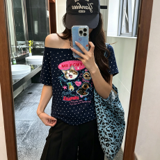 批发一字领波点宽松短袖<b class='q'>t</b><b class='q'>恤</b>女藏青色通勤<b class='q'>欧美风</b>多巴胺穿搭上衣潮