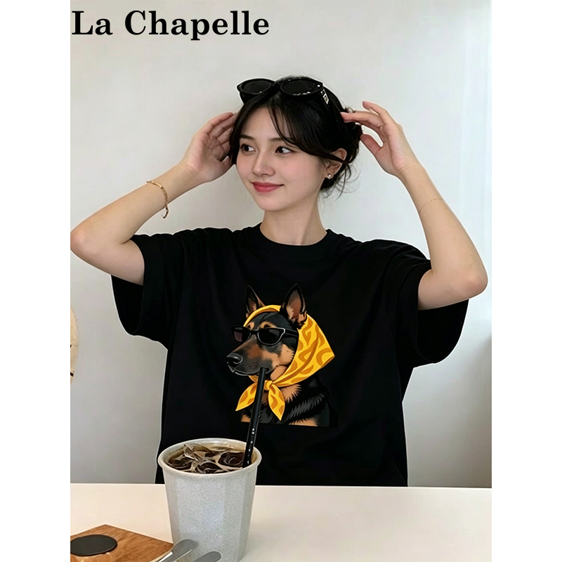 아메리칸 레트로 개 프린트 반팔 티셔츠 여성 작은 대중 조수 브랜드 동정 여름