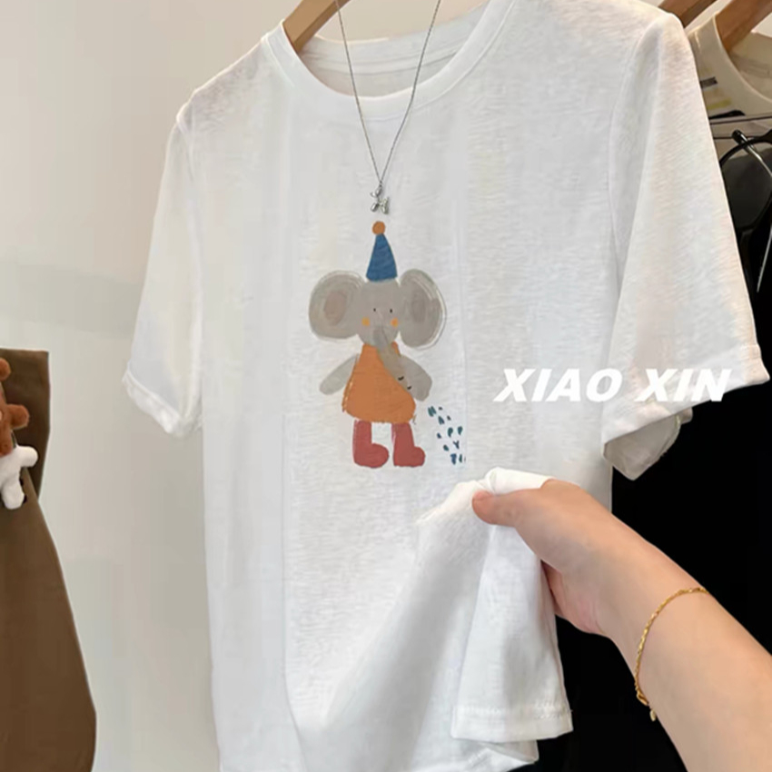 눈꽃 면 귀여운 바람 한국 스타일 품격 달콤함 만화 아기 코끼리 프린트 라운드 넥 반팔 티셔츠 여성 여름