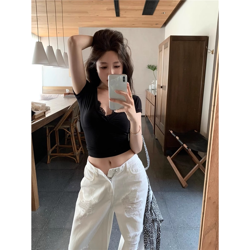 레이스 조각 V넥 반팔 긍정적 인 어깨 섹시함 순수한 욕망 몸매 가꾸기 티셔츠