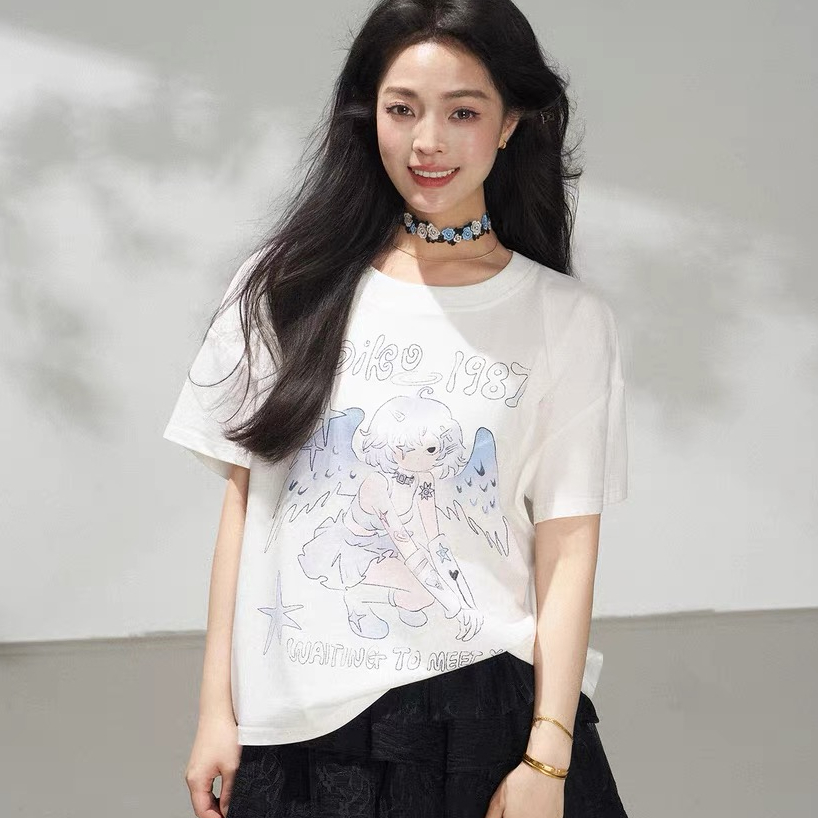 아름다움 멩 만화 프린트 화이트 반팔 티셔츠 여성 여름 프로 피부 고급 빗질된 면 루즈핏 라운드 넥 맨위