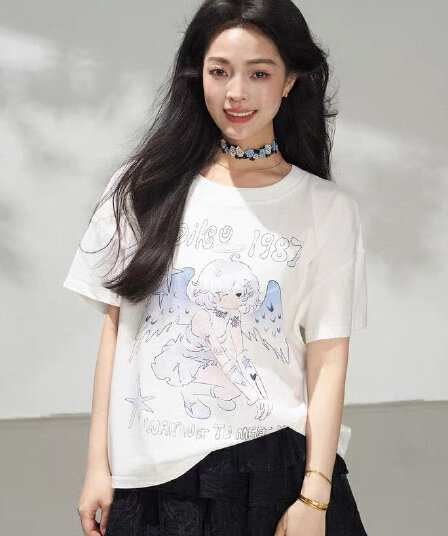 아름다움 멩 만화 프린트 화이트 반팔 티셔츠 여성 여름 프로 피부 고급 빗질된 면 루즈핏 라운드 넥 맨위