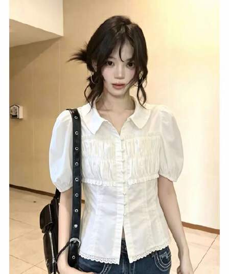 디자인 센스 작은 청신 플리츠 레이스 거품 소매 여성 셔츠 여름 프랑스식 루즈핏 Chic 반팔 셔츠 맨위