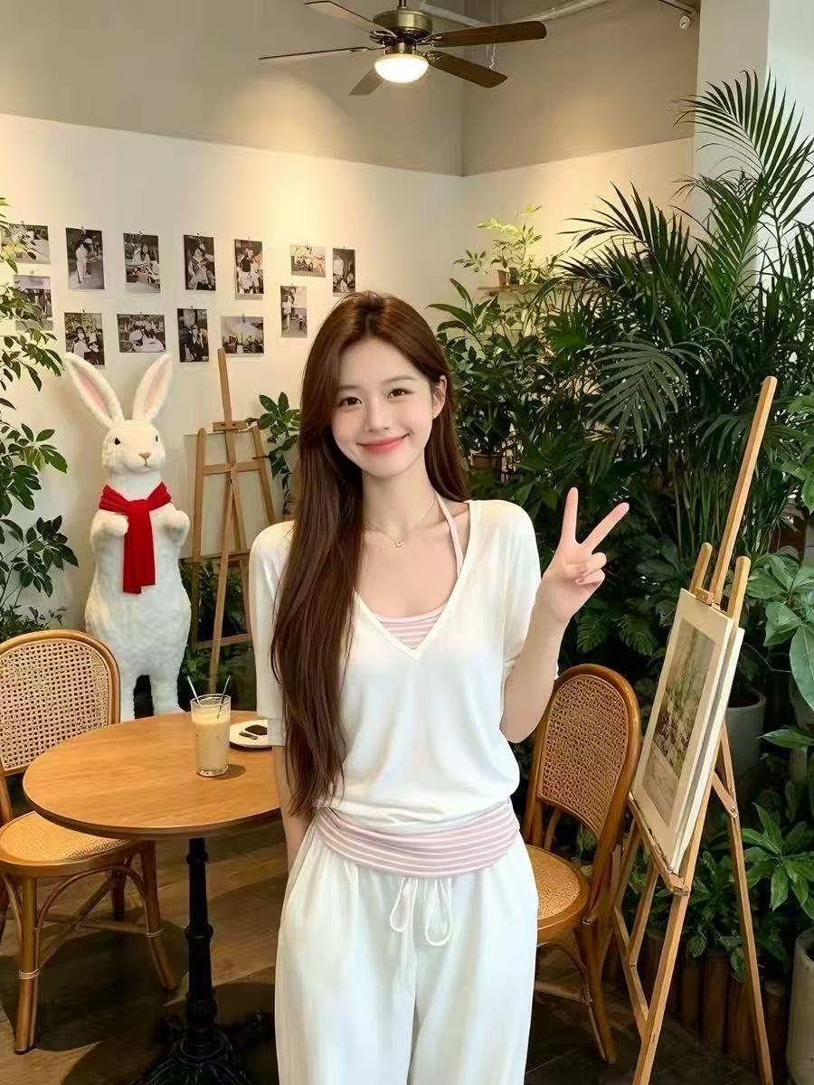 한 부서 반소매 티셔츠 블라우스 스트라이프 캐미솔 세트 여성 여름 투피스 세트 슬림해 보이는 화이트 중간 소매 맨위