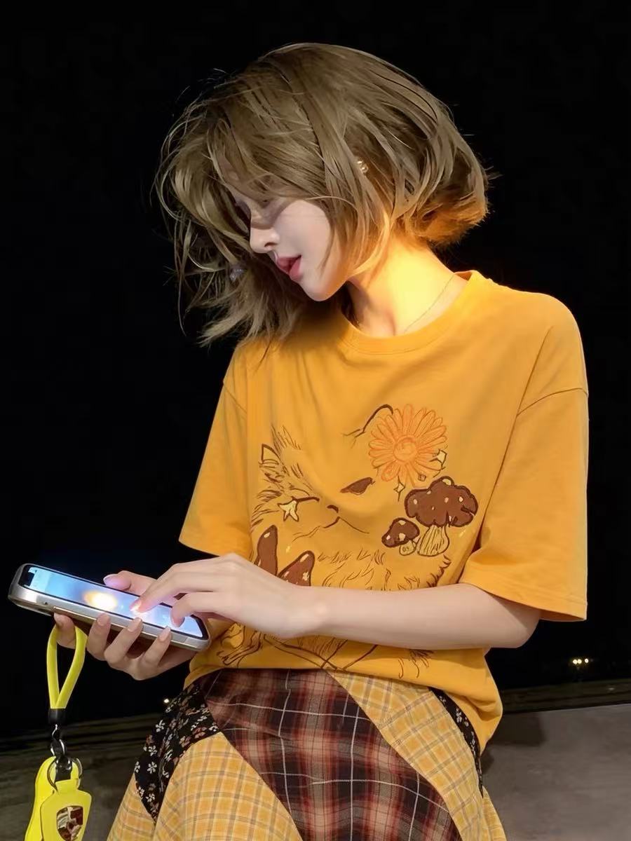 아메리칸 미니멀리즘 여름 고양이 프린트 반팔 티셔츠 여성 여름 느긋한 루즈핏 작은 대중 디자인 센스 반소매 맨위