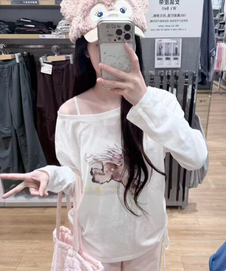 한 부서 순수한 욕망 바람 화이트 긴팔 티셔츠 여성 의류 여름 얇은 스타일 자외선 차단 의류 라인 프린트 오프숄더 맨위