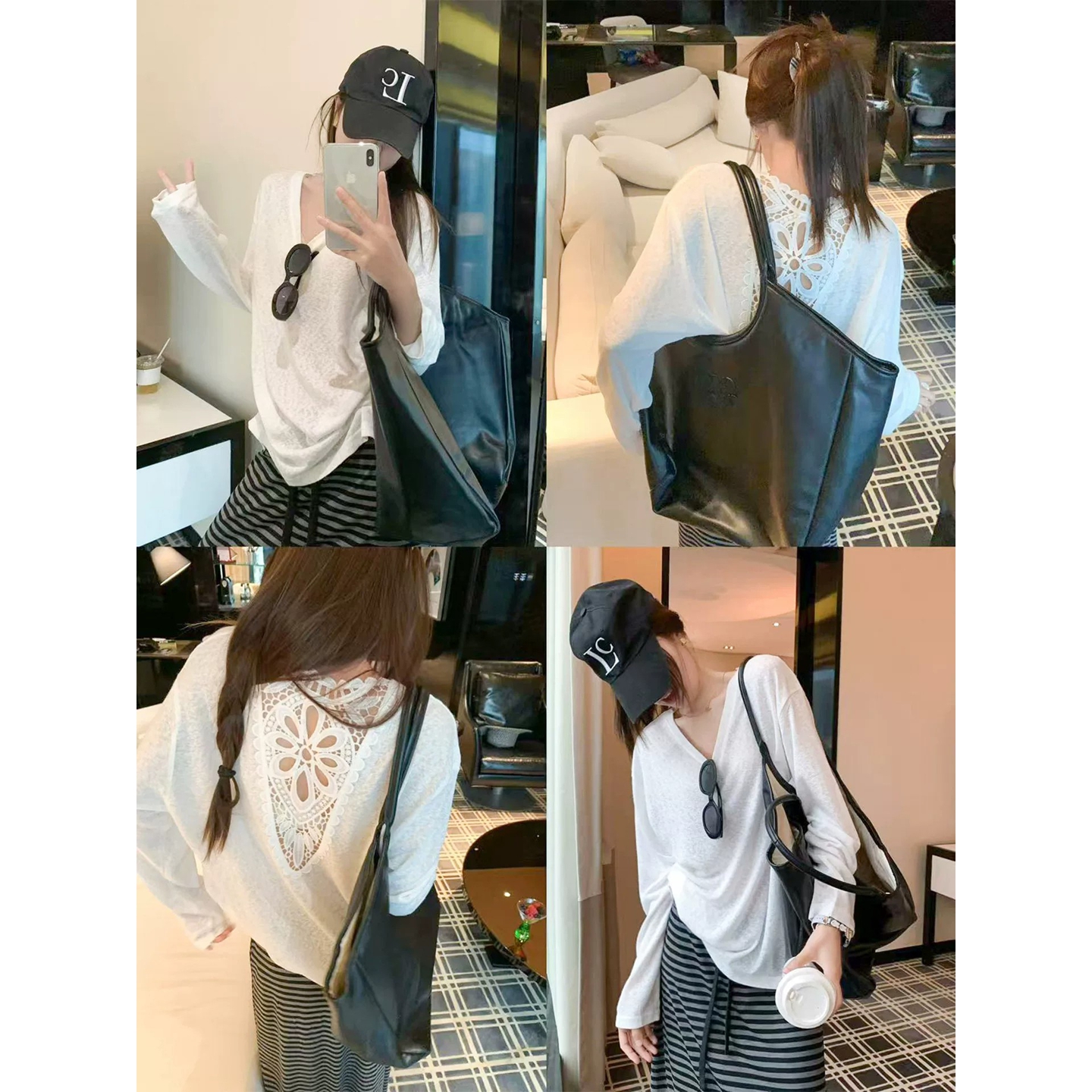 한 부서 뒤로 홀로우 아웃 화이트 V넥 긴팔 티셔츠 자외선 차단 블라우스