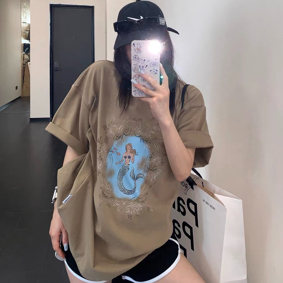 여름 아메리칸 레트로 추상 만화 프린트 반팔 여성 마 오래된 인어공주 루즈핏 oversizet 셔츠