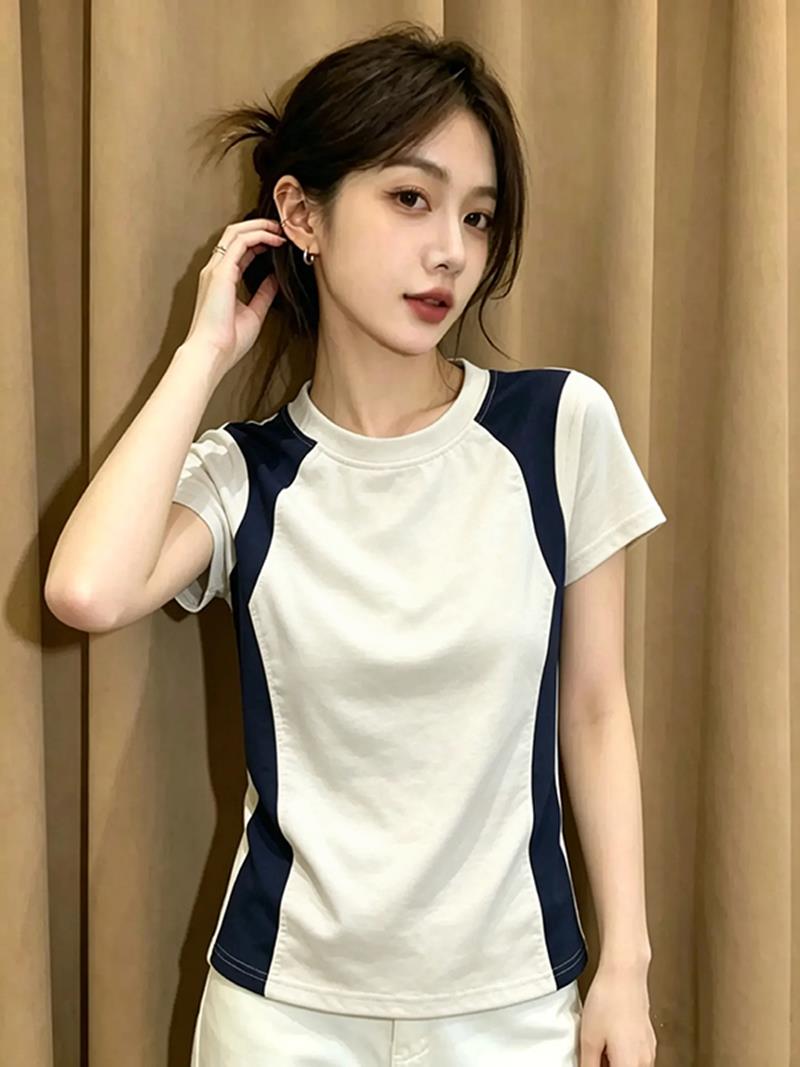 아메리칸 레트로 패치워크 배색 반팔 티셔츠 여성 여름 몸매 가꾸기 슬림해 보이는 다용도 맨위