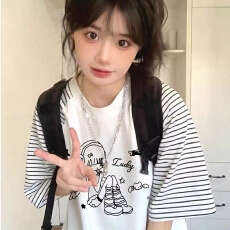 批发美式插肩条纹短袖t恤<b class='q'>女</b><b class='q'>大</b><b class='q'>童</b>夏季装新款初中高中学生宽松半袖上衣