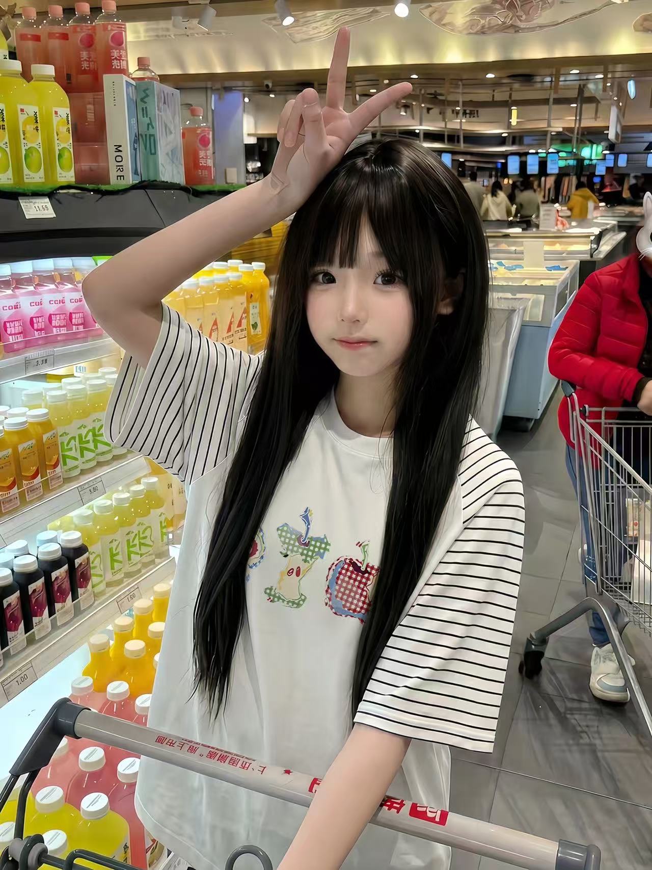 스트라이프 삽입 어깨 패치워크 프린트 반팔 맨위 티셔츠 여성