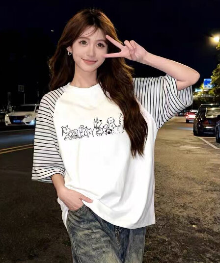 스트라이프 삽입 어깨 패치워크 프린트 반팔 맨위 티셔츠 여성