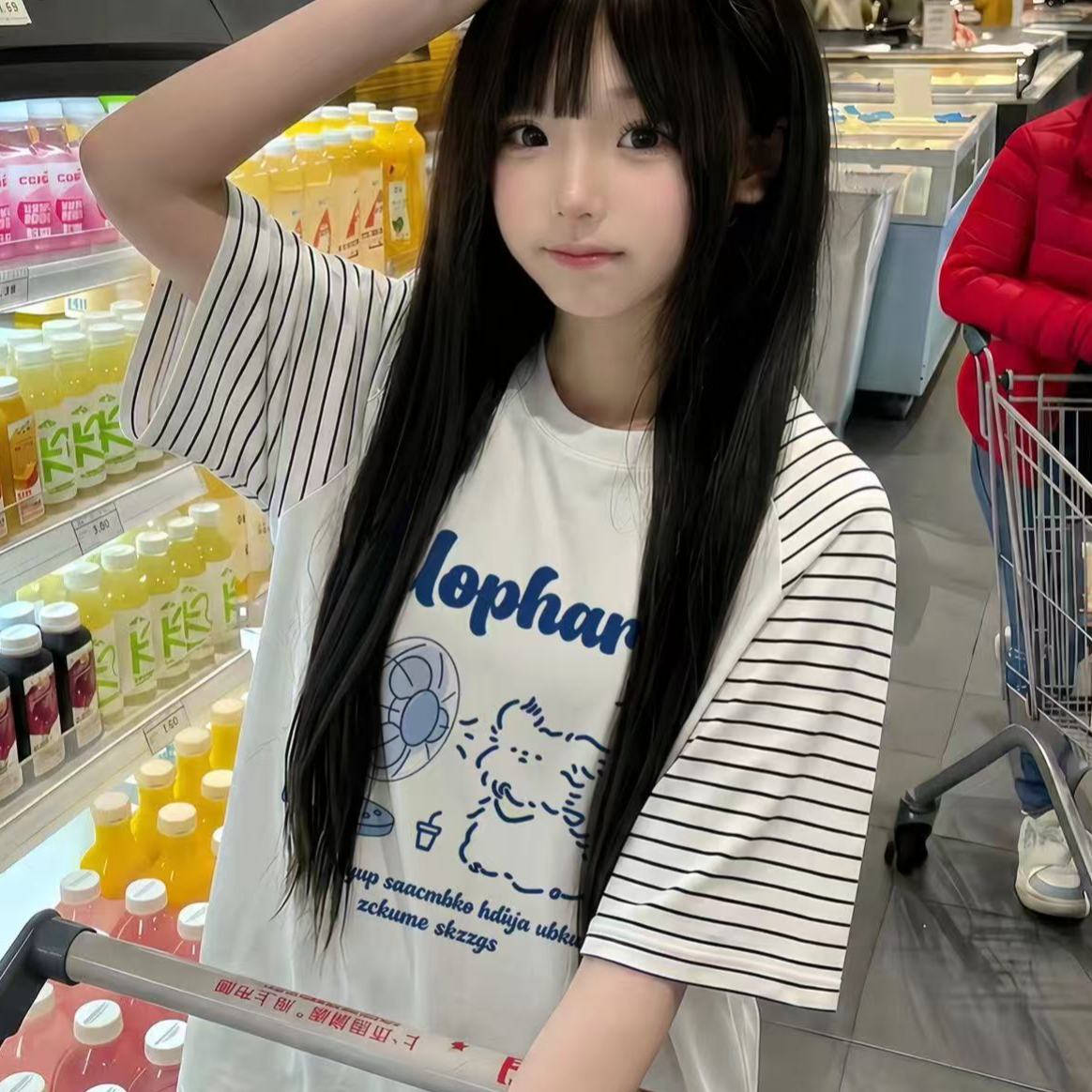 귀여운 만화 프린트 스트라이프 삽입 어깨 소매 반팔 티셔츠 소녀 대 어린이 중학교 학생 루즈핏 반소매 맨위 여름