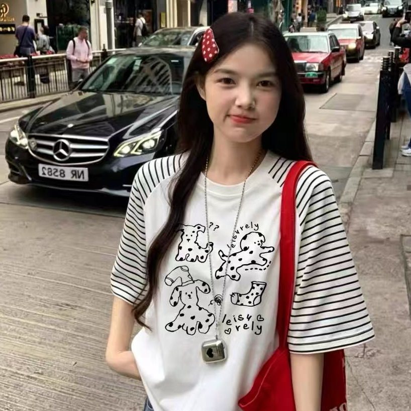 스트라이프 삽입 어깨 패치워크 프린트 반팔 맨위 티셔츠 여성