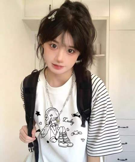 아메리칸 삽입 어깨 스트라이프 반팔 티셔츠 여성 대 어린이 여름 로드 중 새로운 중학교 고등학생 루즈핏 반소매 맨위