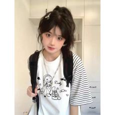批发美式插肩条纹短袖t恤<b class='q'>女</b><b class='q'>大</b><b class='q'>童</b>夏季装新款初中高中学生宽松半袖上衣