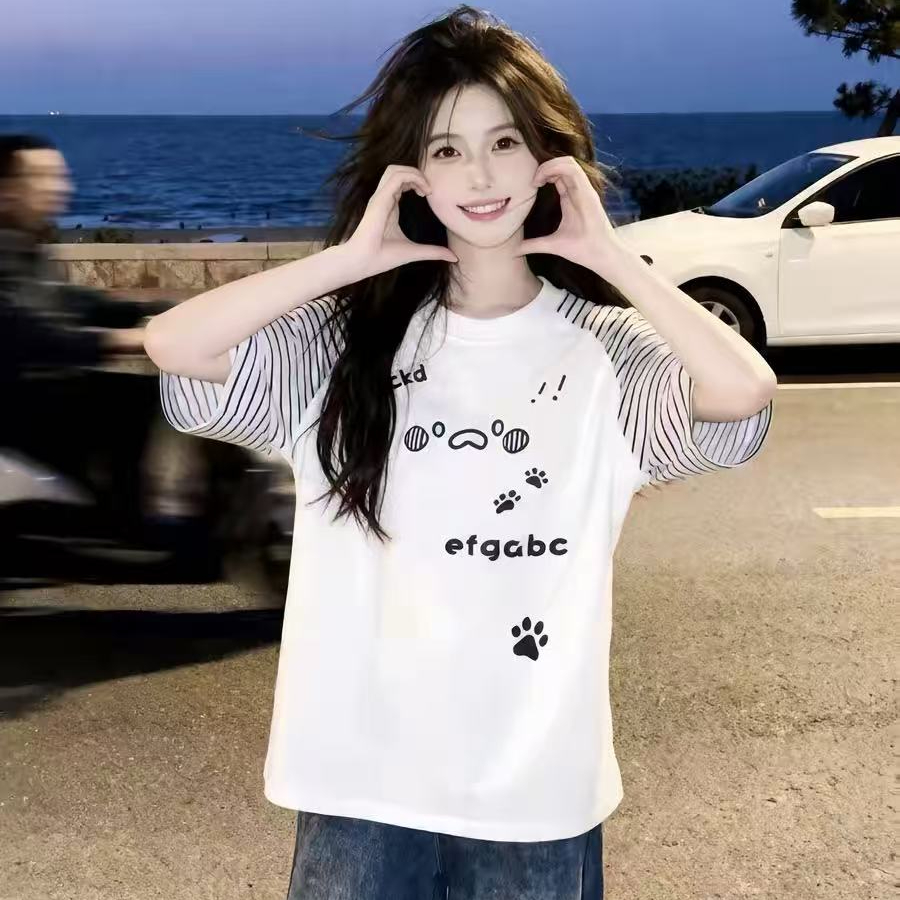 스트라이프 삽입 어깨 패치워크 프린트 반팔 맨위 티셔츠 여성