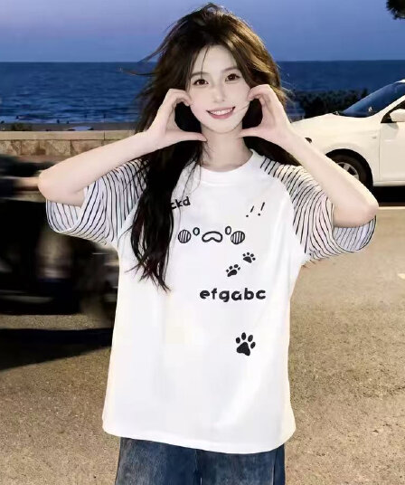 스트라이프 삽입 어깨 패치워크 프린트 반팔 맨위 티셔츠 여성