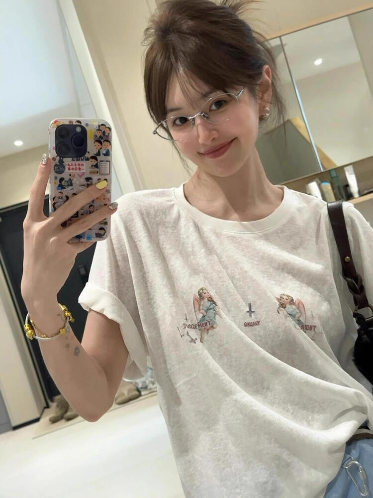 천사 프린트 화이트 눈꽃 면 반팔 티셔츠 여성 여름 얇은 스타일 마이크로 ~을 통해 루즈핏 느긋한 바람 맨위 디자인 센스