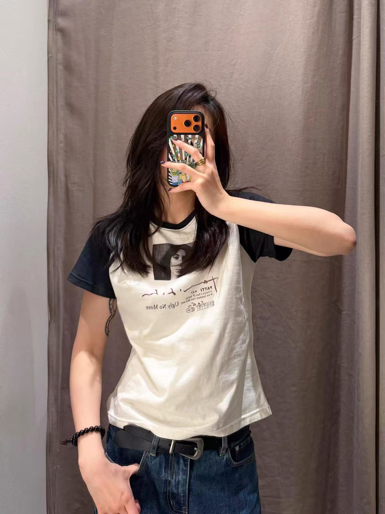 아메리칸 삽입 어깨 배색 거리 초상화 프린트 반팔 티셔츠 여성 달콤한 차가운 핫걸 몸매 가꾸기 긍정적 인 어깨 의류