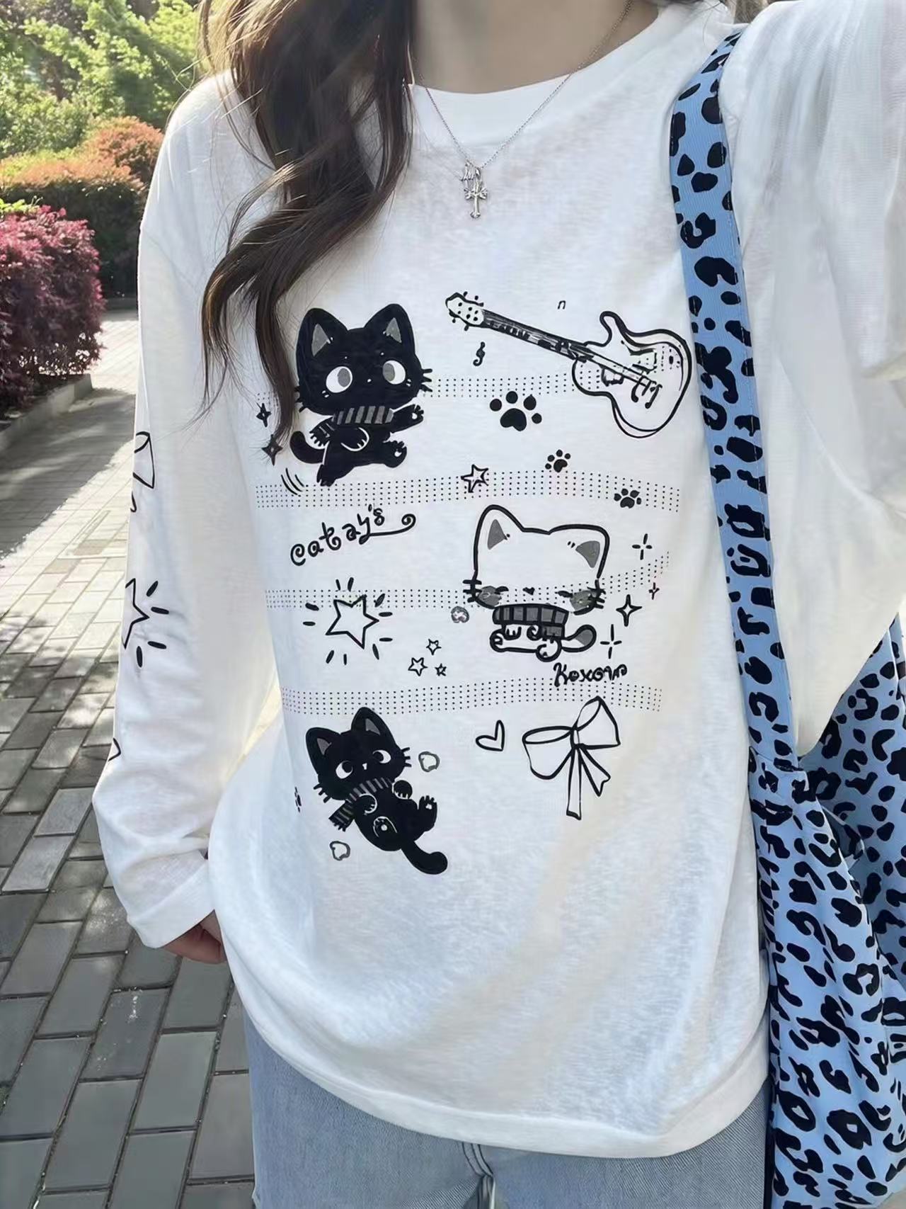 아시아 인 멩 센스 만화 고양이 프린트 긴팔 티셔츠 여성 여름 루즈핏 느긋한 얇은 스타일 블라우스 귀여운 캐주얼 맨위