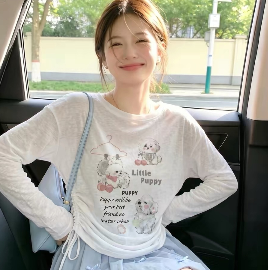 강아지 프린트 펌프 로프 얇은 스타일 긴팔 티셔츠 여성 여름 새로운 슈퍼 화재 연령 감소 맨위 느긋한 바람 자외선 차단 블라우스