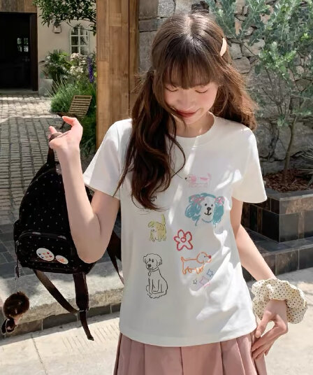 기초 강아지 프린트 자수 반팔 티셔츠 여성 여름 미니멀리즘 디자인 센스 라운드 넥 긍정적 인 어깨 의류