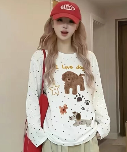 새로운 라운드 넥 도트 무늬 블라우스 긴팔 티셔츠 맨위 여성 화이트 폭발 표지 고기 외출용 유럽과 미국 맨위