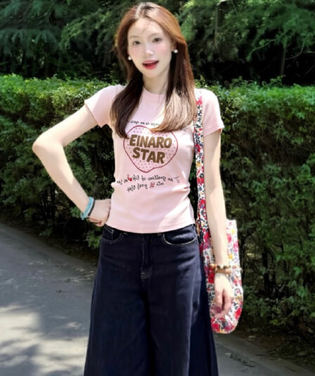 아메리칸 몸매 가꾸기 핑크색 하트 알파벳 프린트 반팔 티셔츠 여성 작은 대중 디자인 센스 핫걸 학원 스타일 ins 맨위