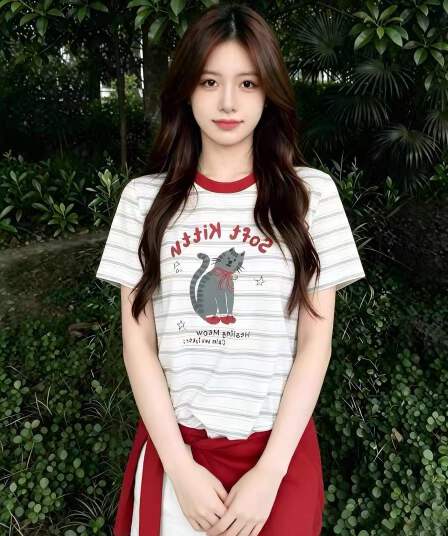 한 부서 배색 스트라이프 고양이 프린트 반팔 티셔츠 여성 여름 루즈핏 라운드 넥 반소매 동정 맨위