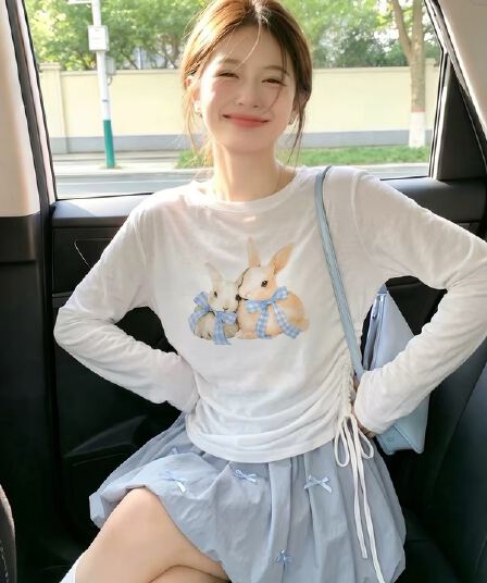 토끼 프린트 펌프 로프 긴팔 티셔츠 여성 여름 새로운 슈퍼 화재 연령 감소 맨위 얇은 스타일 자외선 차단 블라우스 에어컨 셔츠