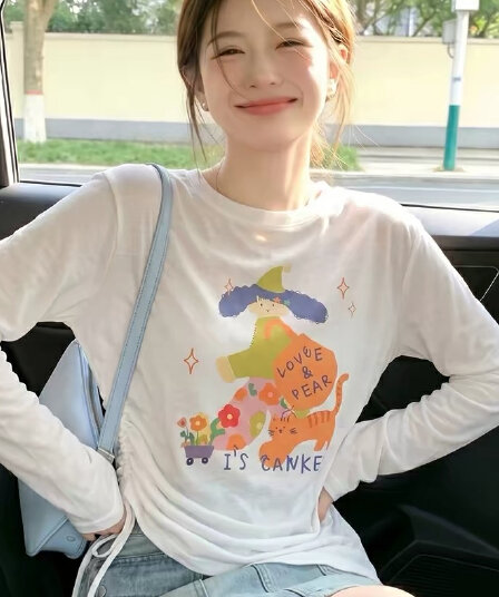 만화 프린트 펌프 로프 긴팔 티셔츠 여성 여름 새로운 슈퍼 화재 연령 감소 맨위 느긋한 바람 얇은 스타일 자외선 차단 블라우스