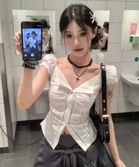 한 부서 고급 센스 반팔 여성 셔츠 여름 거품 소매 셔츠 작은 셔츠 몸매 가꾸기 슬림해 보이는 허리 수축 핫걸 맨위 트렌디