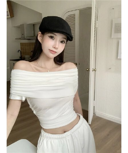 순수한 욕망 오프숄더 반팔 티셔츠 여성 여름 새로운 핫걸 오프숄더 몸매 가꾸기 작은 대중 디자인 주름 쇼트 스타일 맨위
