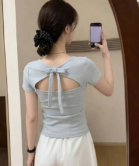 한 부서 chic 디자인 센스 나비 매듭 뒤로 홀로우 아웃 긍정적 인 어깨 반팔 티셔츠 여성 여름 아름다운 고유 한 작은 맨위