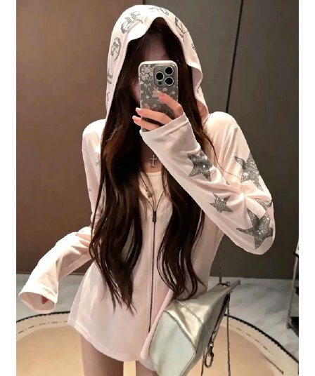 여름 Tulle 별 프린트 후드 블라우스 긴팔 여성 얇은 스타일 통기성 루즈핏 지퍼 자외선 차단 의류 야외 재킷