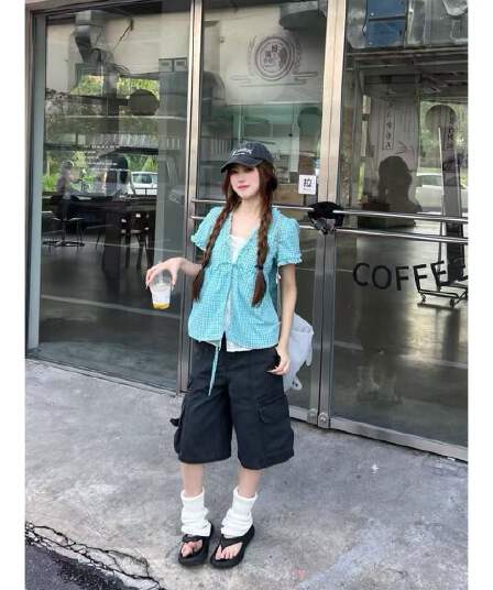 한 부서 체크무늬 레이스업 페이크 레이어드 여성 셔츠 여름 달콤함 캐주얼 바람 소녀 센스 연령 감소 맨위