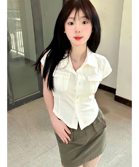 여름 핫걸 순수한 욕망 바람 화이트 POLO 칼라 한국 스타일 품격 몸매 가꾸기 반팔 슬림해 보이는 허리 수축 셔츠 여성 셔츠