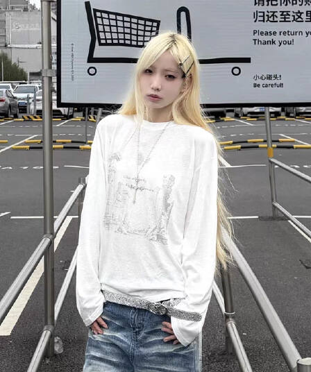 작은 대중 레트로 폐허 건축 프린트 느긋한 캐주얼 루즈핏 순면 자외선 차단 얇은 스타일 긴팔 티셔츠 여성