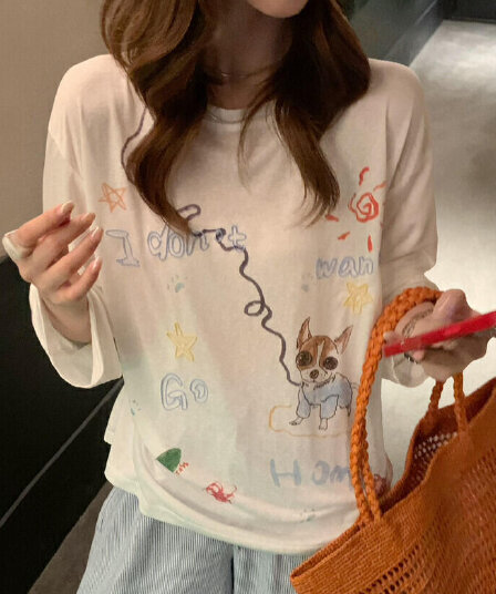 한 부서 여름 연령 감소 창의성 낙서 프린트 긴팔 티셔츠 여성 여름 루즈핏 라이 경기 서울 자외선 차단 블라우스 얇고 가벼운 통기성