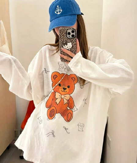 작은 대중 ins 나비 매듭 만화 곰 프린트 얇고 가벼운 자외선 차단 블라우스 여성 루즈핏 캐주얼 느슨함 센스 마이크로 ~을 통해 긴팔