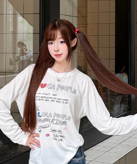 얇은 스타일 삽입 어깨 긴팔 티셔츠 여성 핫걸 낙서 알파벳 루즈핏 자외선 차단 블라우스