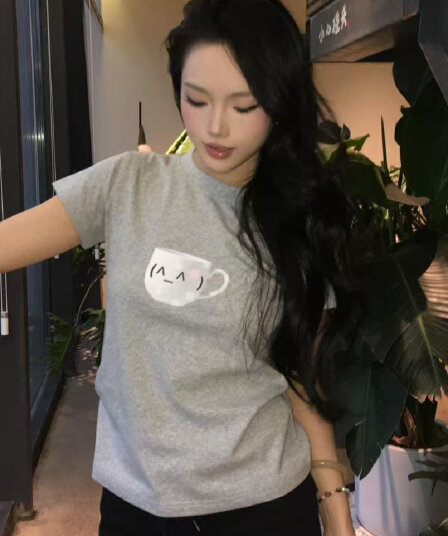 귀여운 연 문자 멩 맛 도트 무늬 컵 프린트 몸매 가꾸기 반팔
